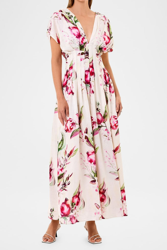 Sonya Pleated Floral Print Maxi Dress in white - Stylish white dress for special occasions | Buy Online