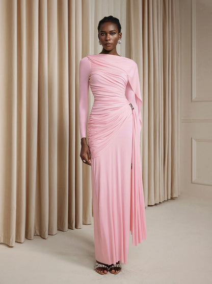 Asymmetric Ruched Cape Maxi Dress