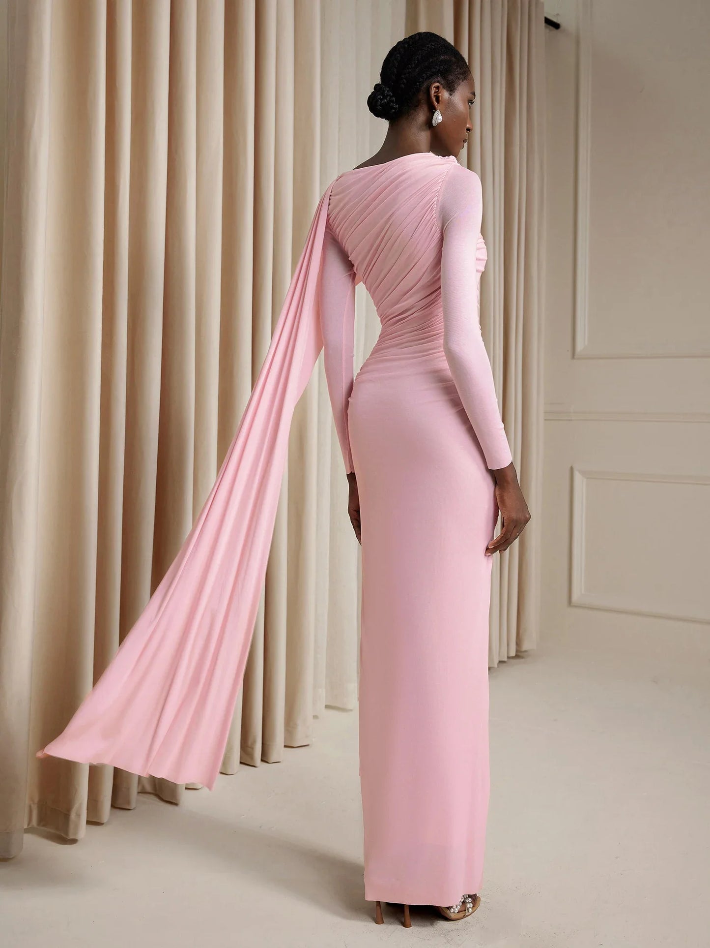 Asymmetric Ruched Cape Maxi Dress