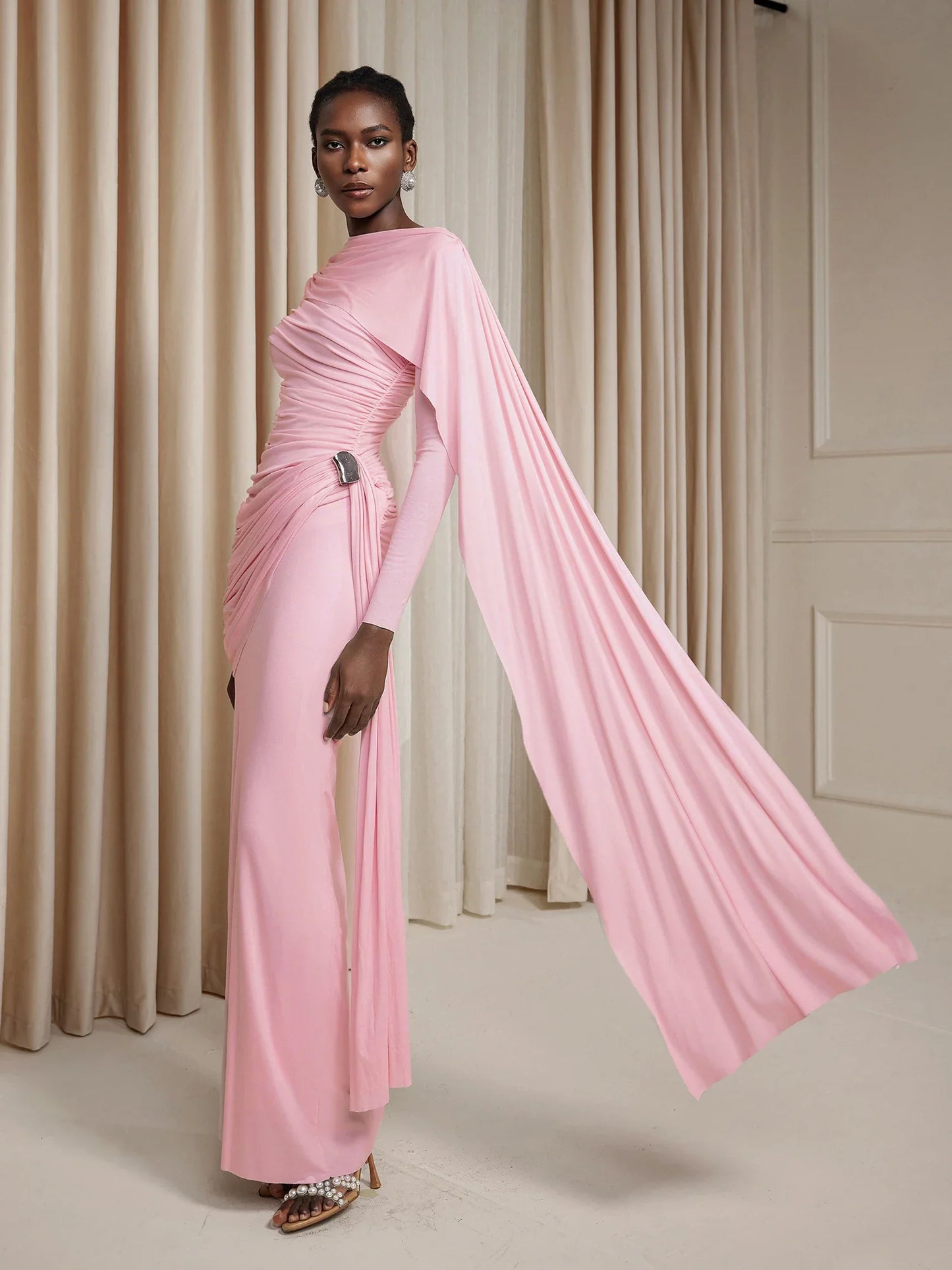 Asymmetric Ruched Cape Maxi Dress