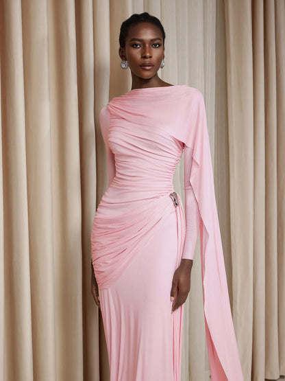 Asymmetric Ruched Cape Maxi Dress