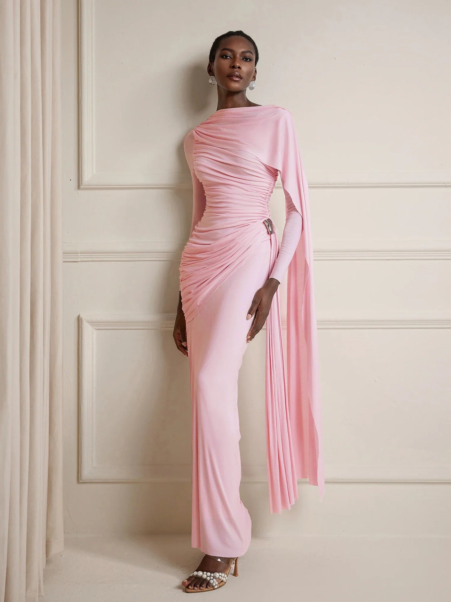 Asymmetric Ruched Cape Maxi Dress