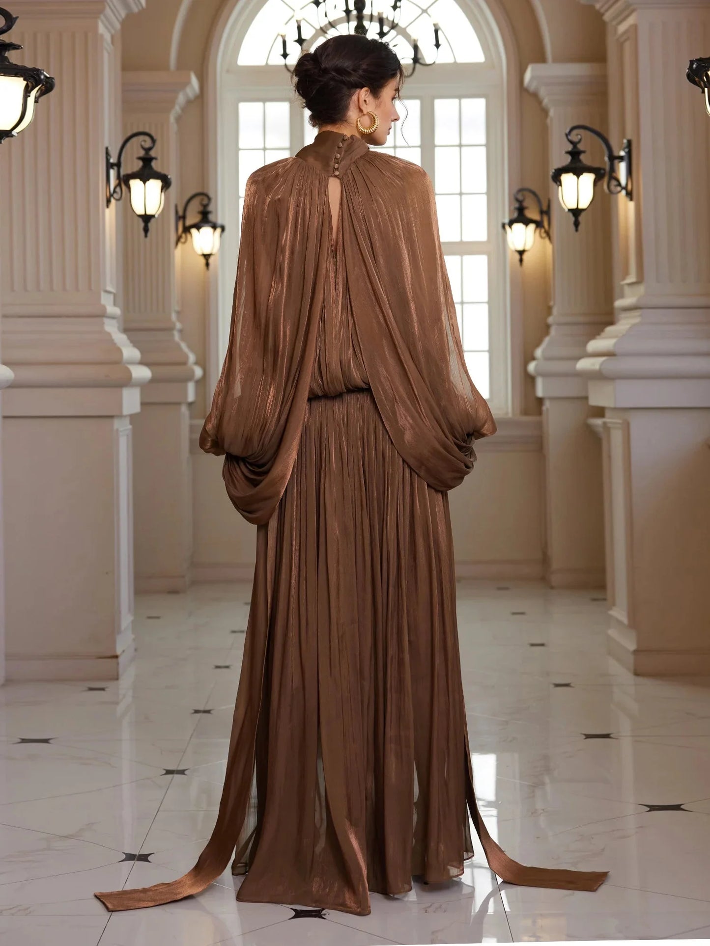 Batwing Wrap-Tie Pleated Maxi Dress