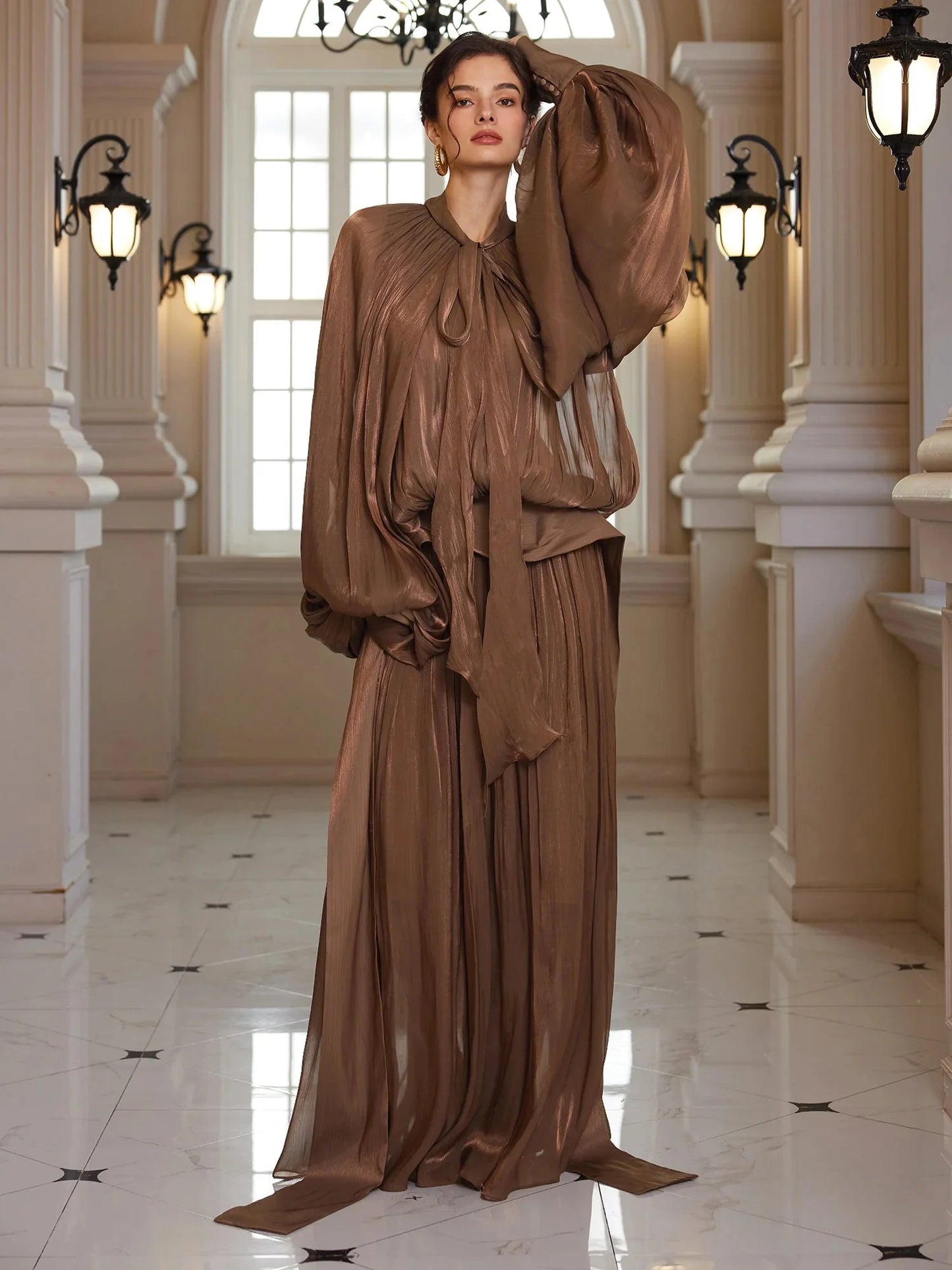 Batwing Wrap-Tie Pleated Maxi Dress