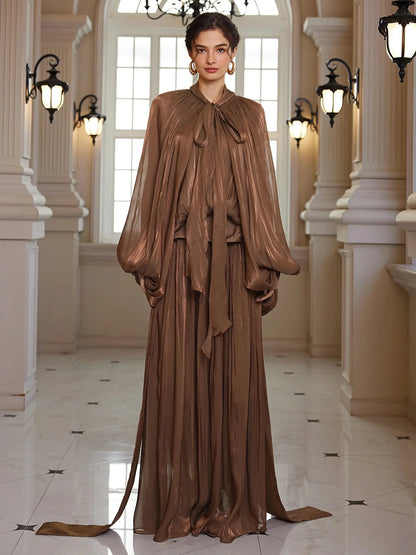 Batwing Wrap-Tie Pleated Maxi Dress