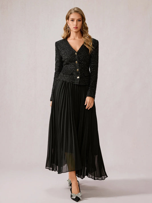 Black Fuzzy V-Neck Two-Piece Set
