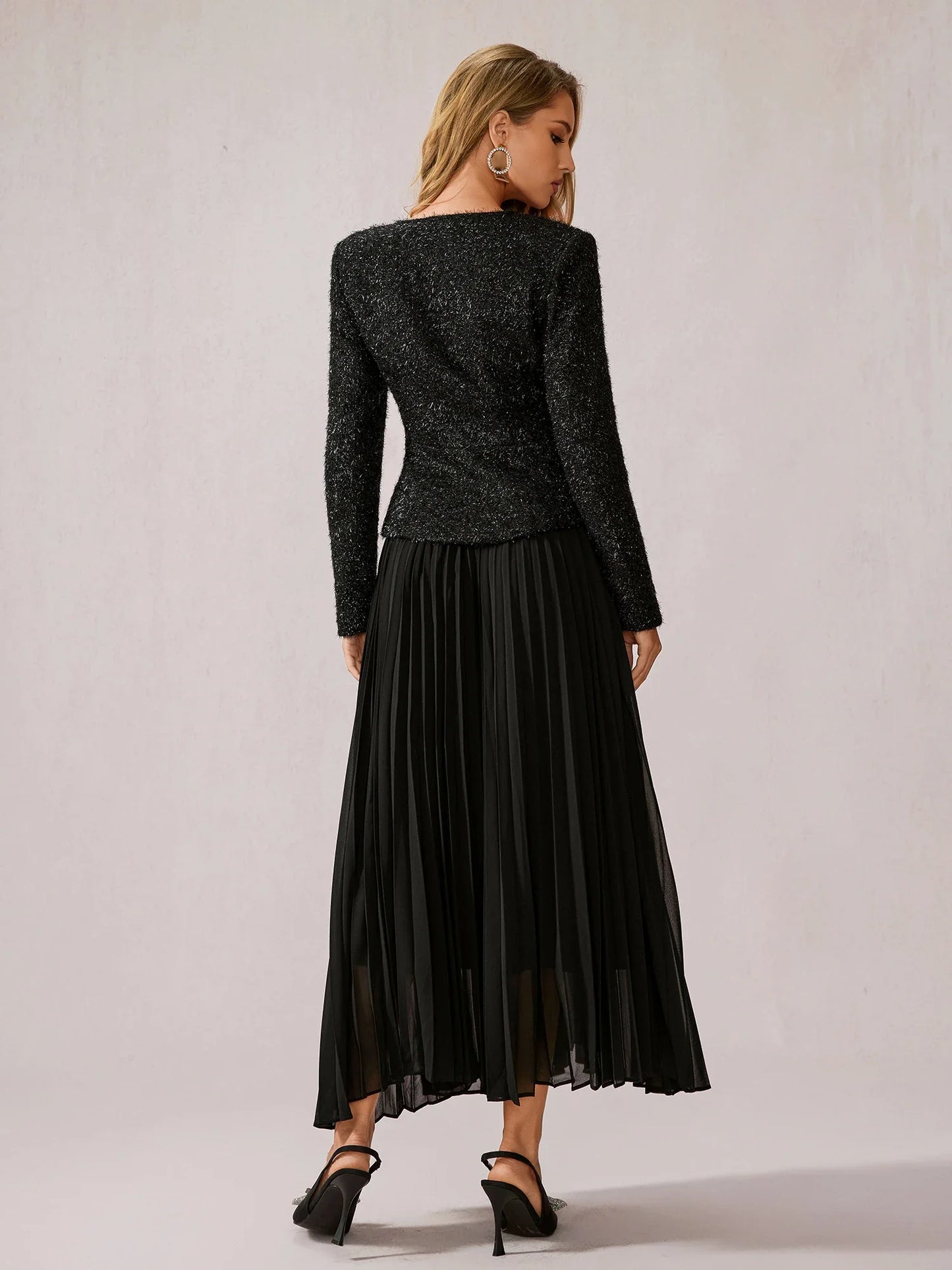 Black Fuzzy V-Neck Two-Piece Set