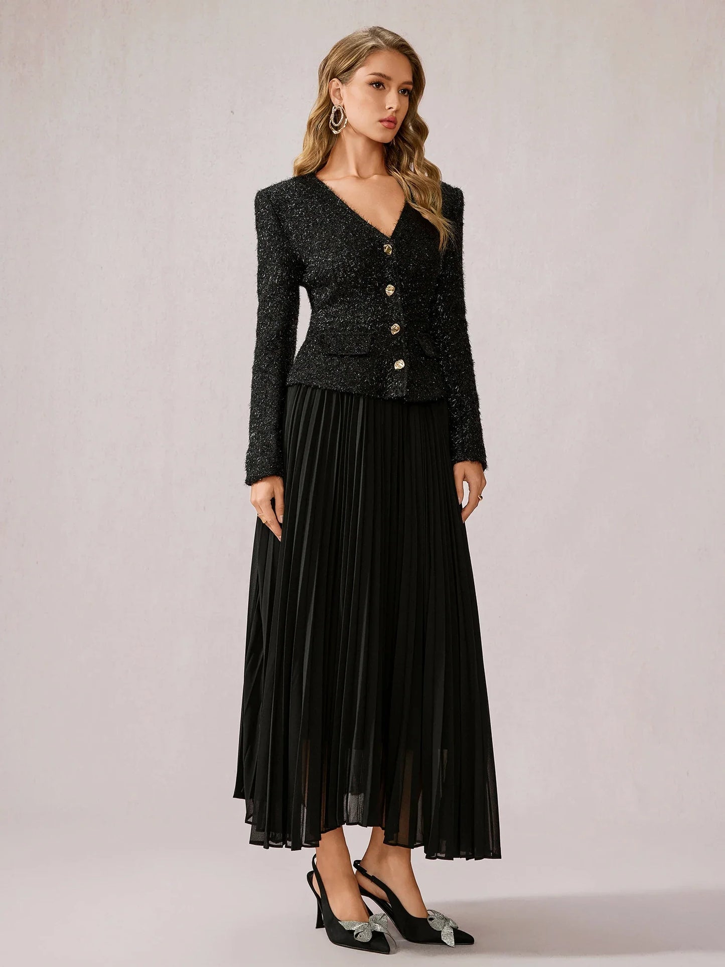 Black Fuzzy V-Neck Two-Piece Set