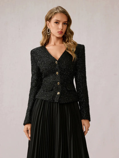 Black Fuzzy V-Neck Two-Piece Set