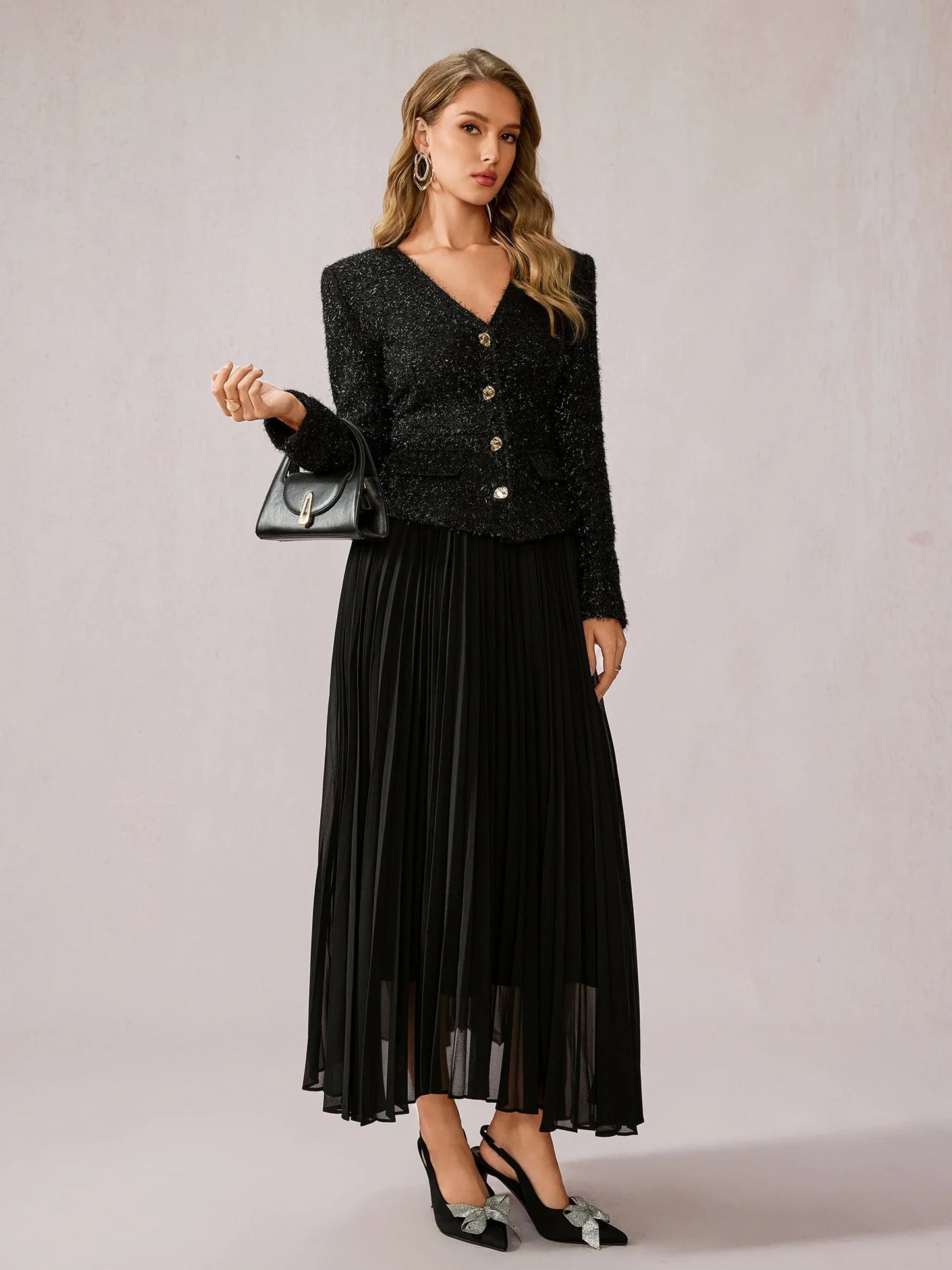 Black Fuzzy V-Neck Two-Piece Set