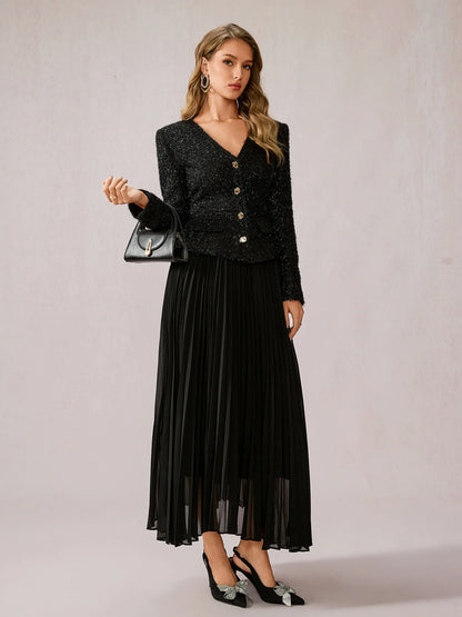 Black Fuzzy V-Neck Two-Piece Set