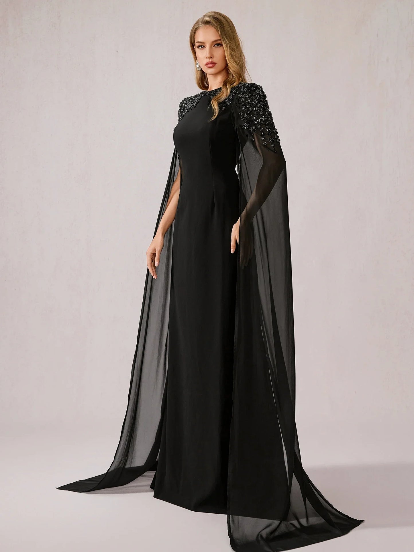 Black Mesh Shawl Maxi Dress