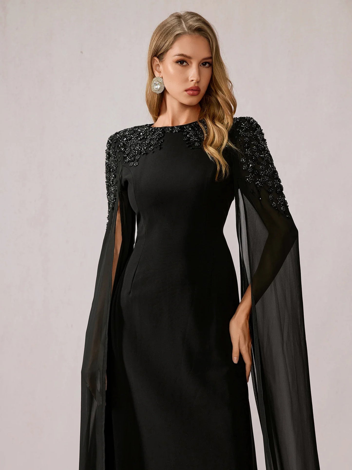 Black Mesh Shawl Maxi Dress