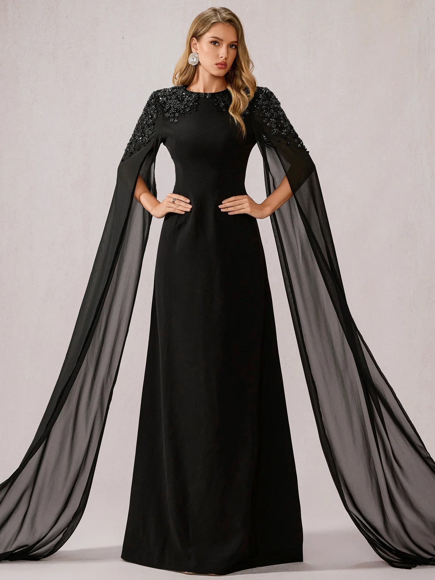 Black Mesh Shawl Maxi Dress