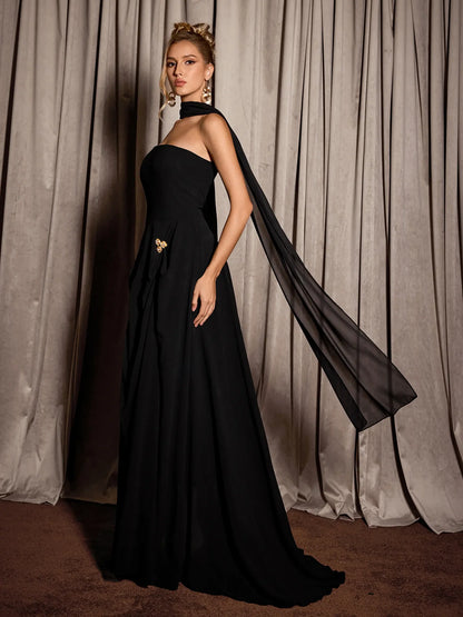 Black Metallic Neck Tie Maxi Dress