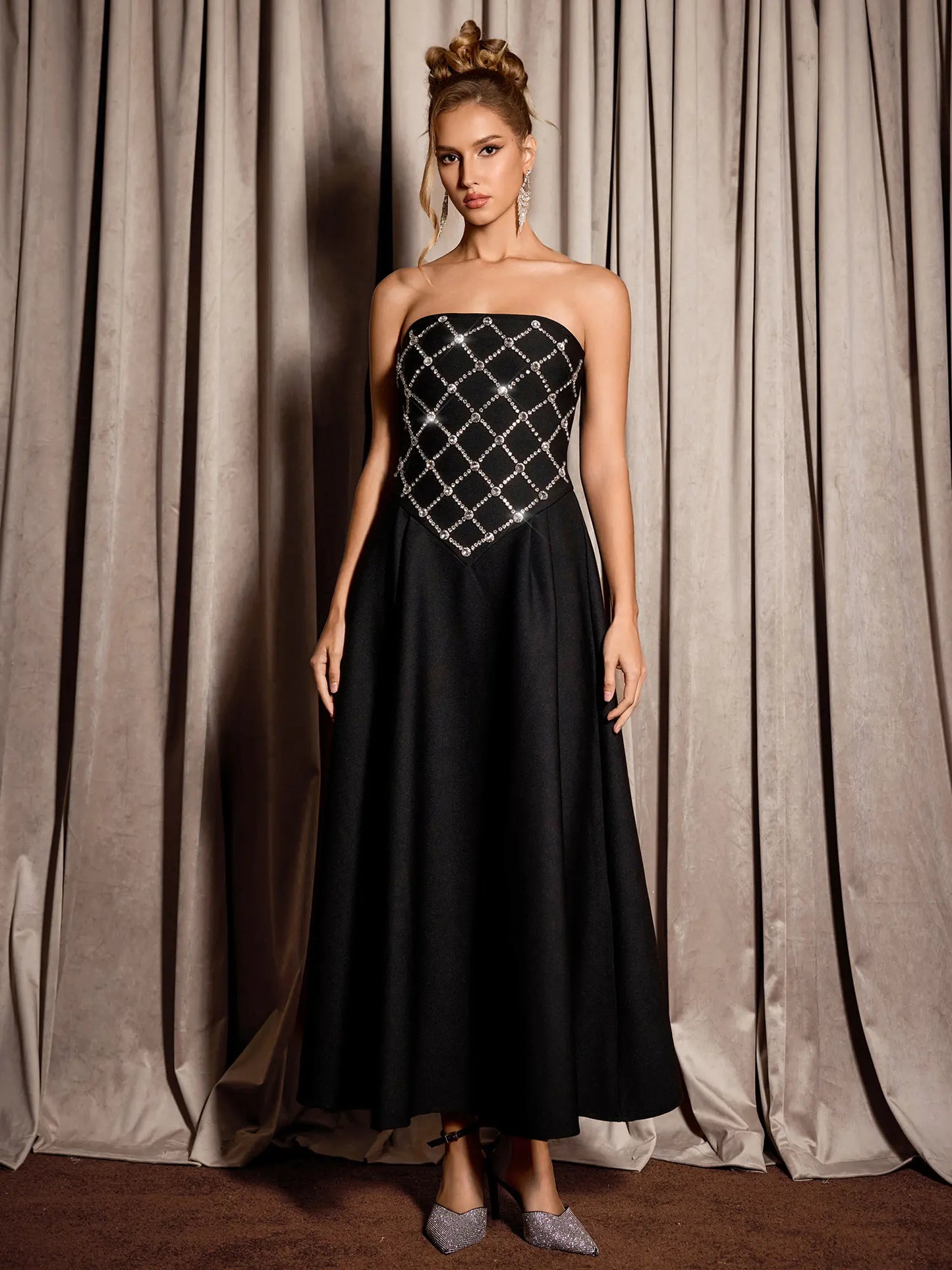 Black Rhinestone Grid Formal Midi Dress