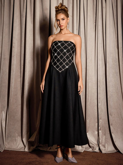 Black Rhinestone Grid Formal Midi Dress