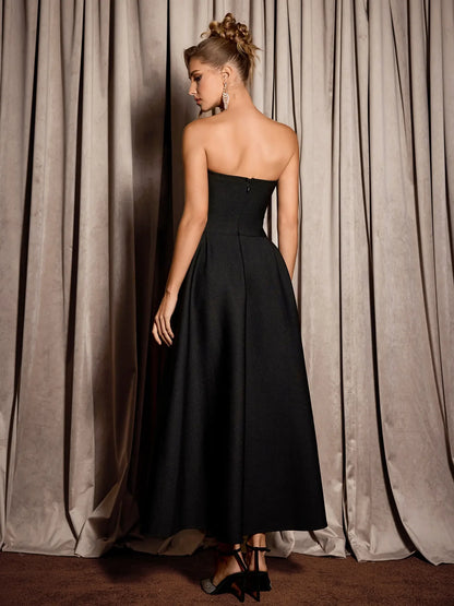 Black Rhinestone Grid Formal Midi Dress