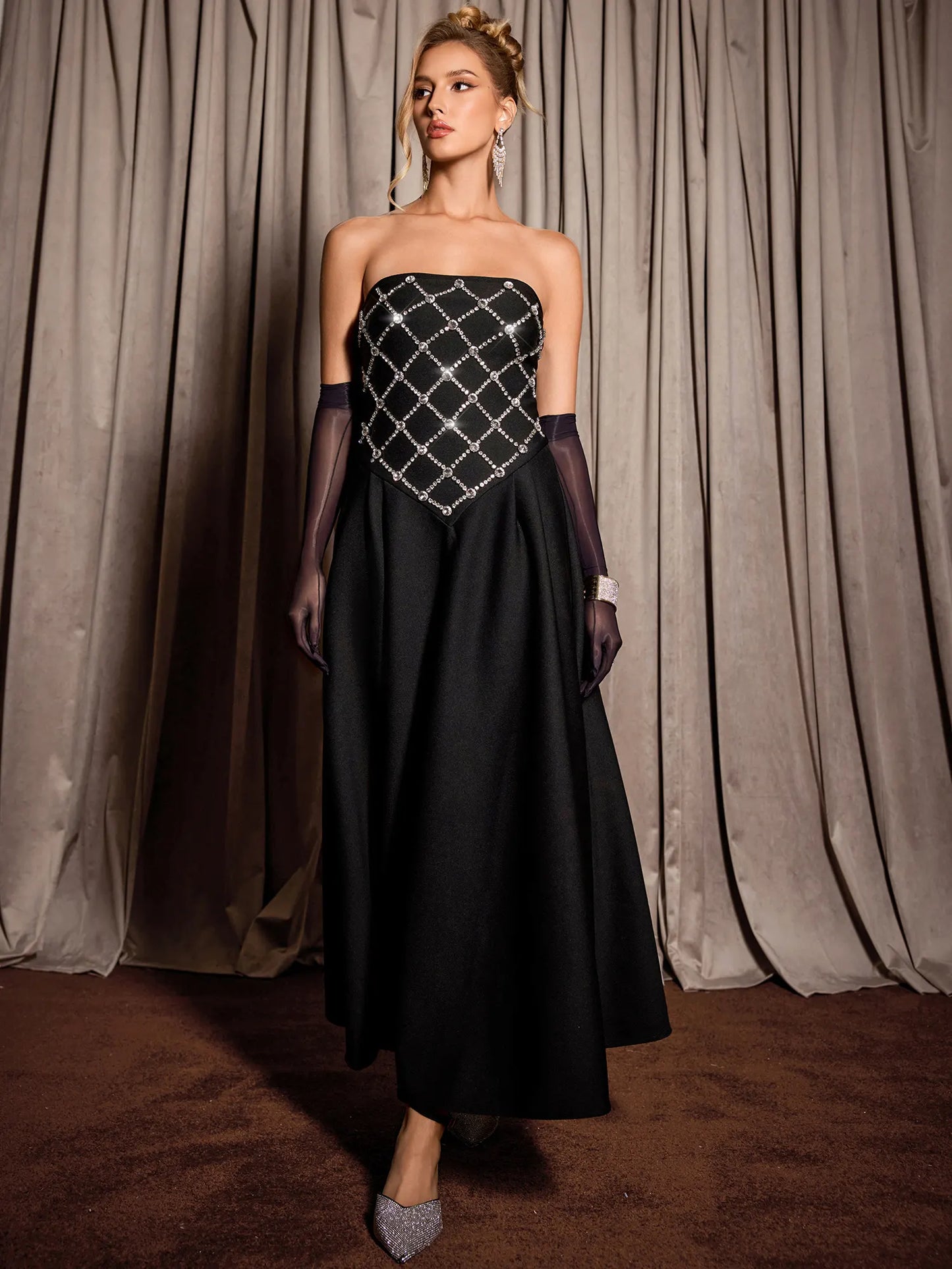Black Rhinestone Grid Formal Midi Dress