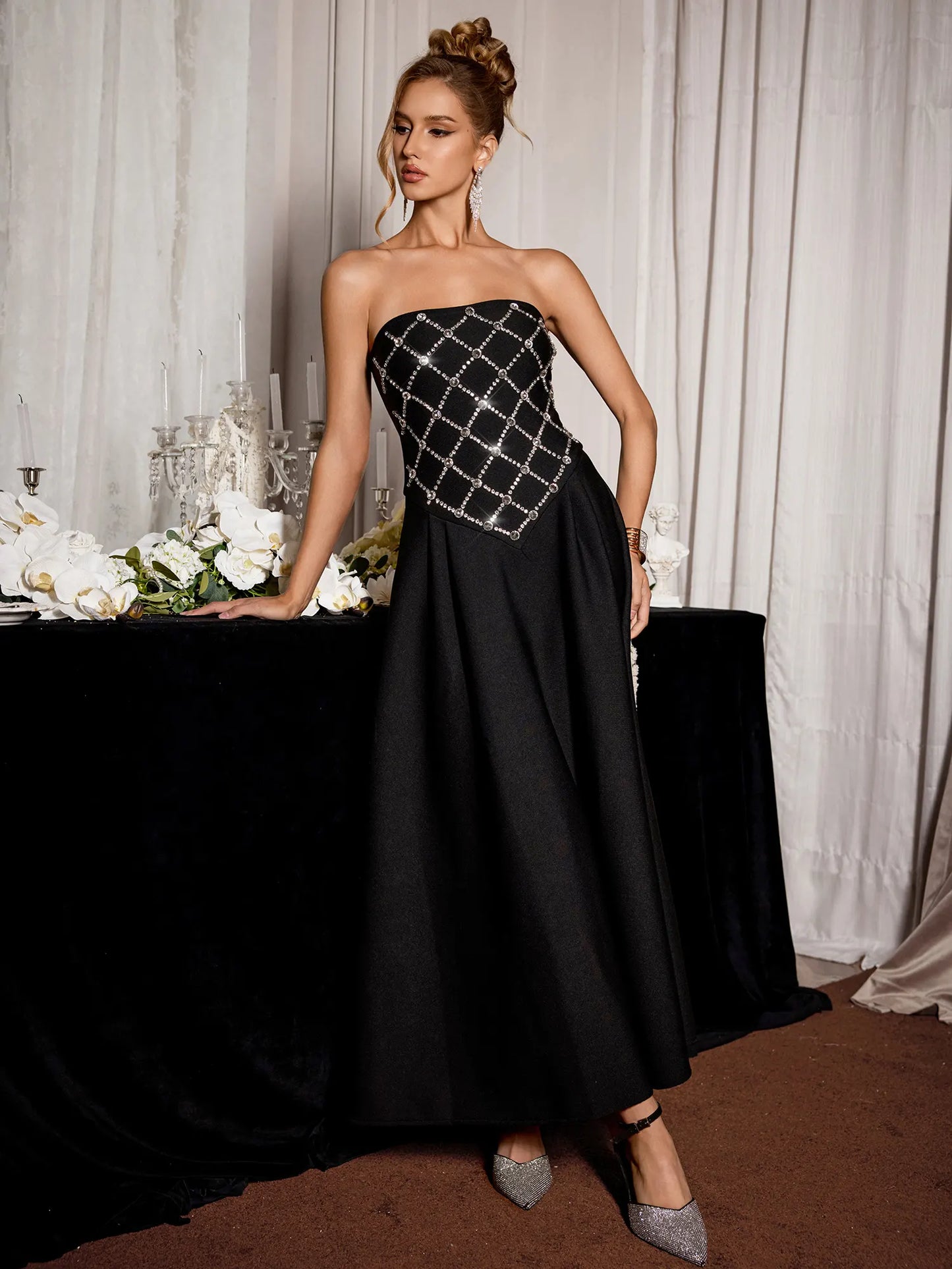 Black Rhinestone Grid Formal Midi Dress