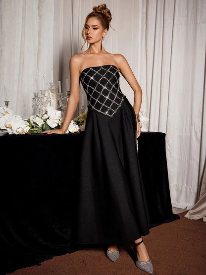 Black Rhinestone Grid Formal Midi Dress