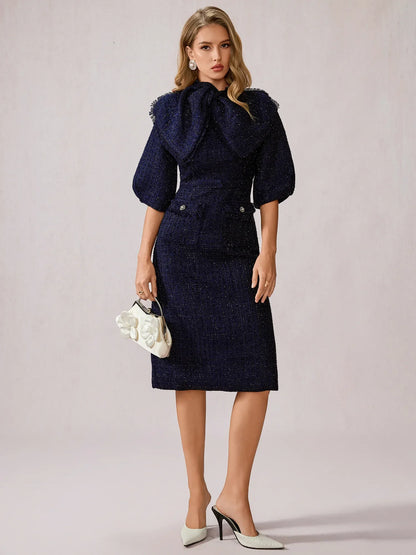 Blue Large Bow Collar Midi Dress