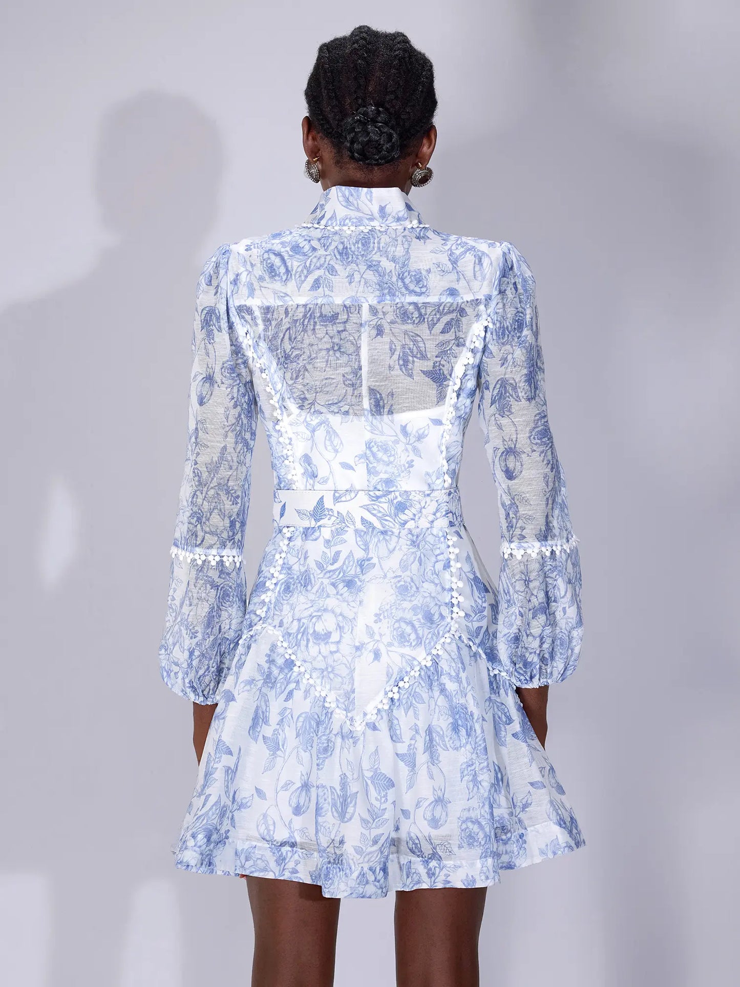 Blue Printed High-Neck Mini Dress with Belt
