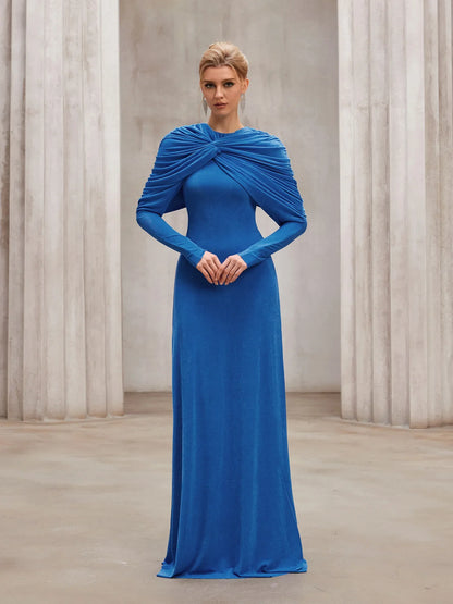Blue pleated shawl long slim fit maxi dress