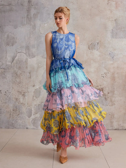 Bohemian Color-Block Tiered Maxi Dress
