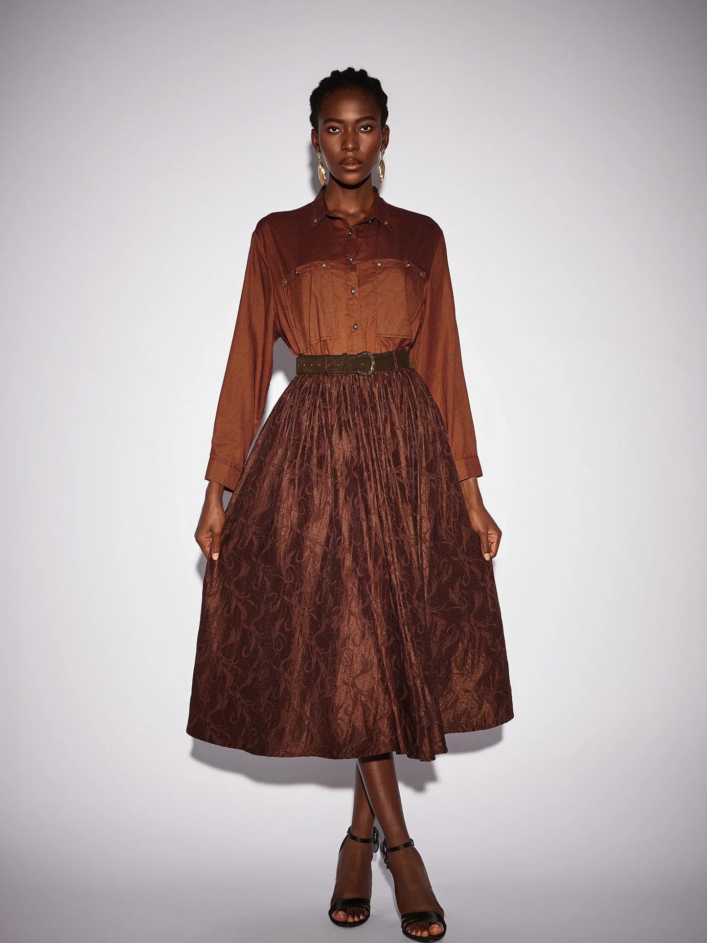 Brown High Neck Top and Shiny Midi Skirt Set