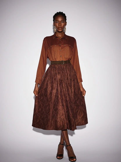 Brown High Neck Top and Shiny Midi Skirt Set