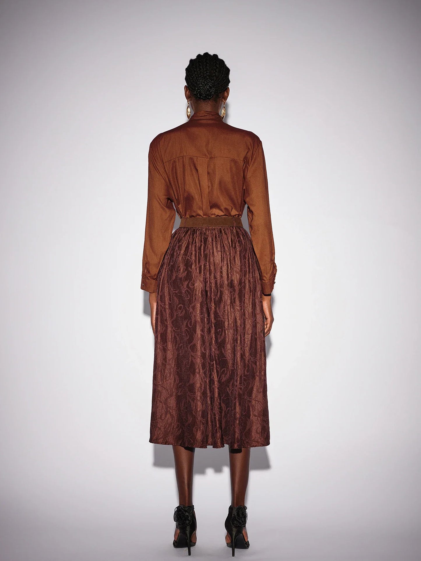 Brown High Neck Top and Shiny Midi Skirt Set