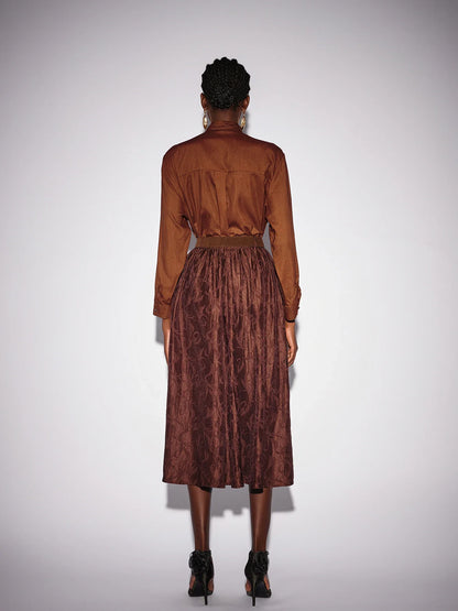 Brown High Neck Top and Shiny Midi Skirt Set