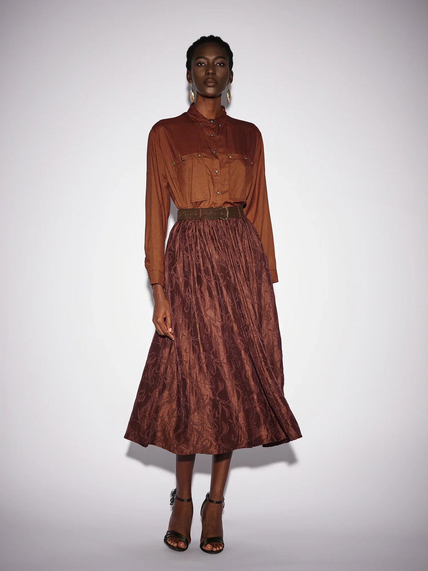Brown High Neck Top and Shiny Midi Skirt Set