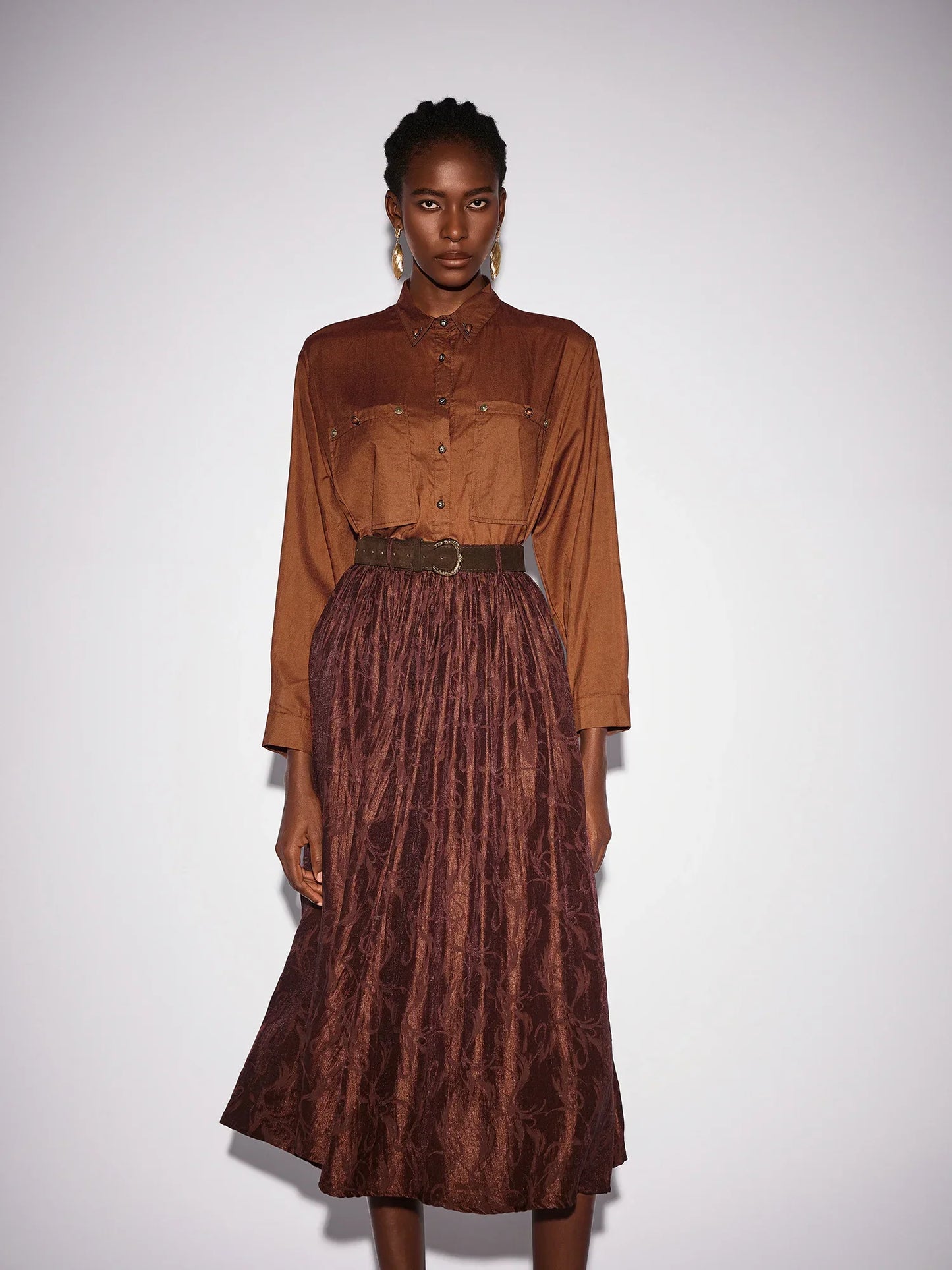 Brown High Neck Top and Shiny Midi Skirt Set