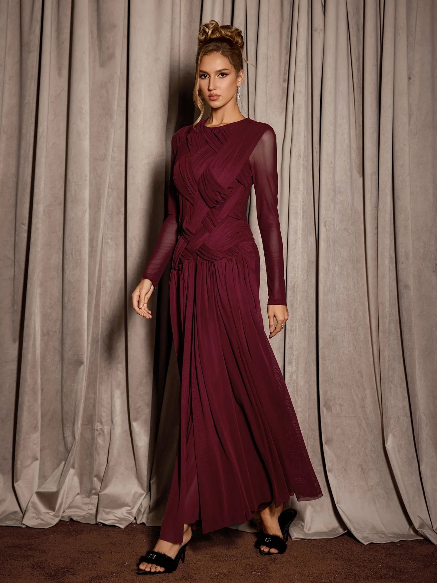 Burgundy Mesh Knit Elegant Midi Dress