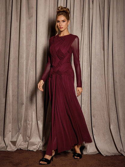 Burgundy Mesh Knit Elegant Midi Dress