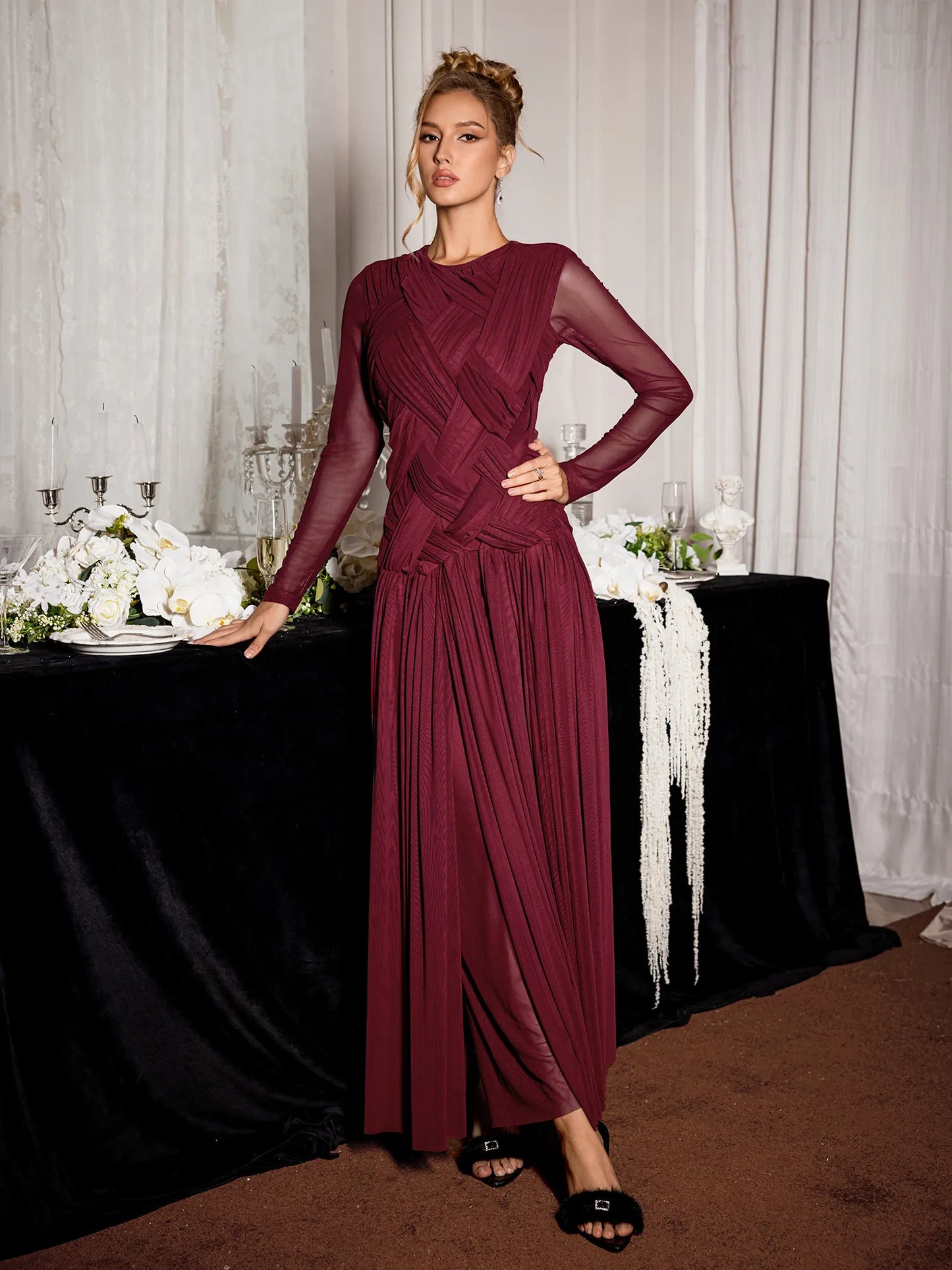 Burgundy Mesh Knit Elegant Midi Dress