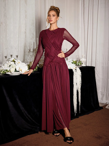 Burgundy Mesh Knit Elegant Midi Dress