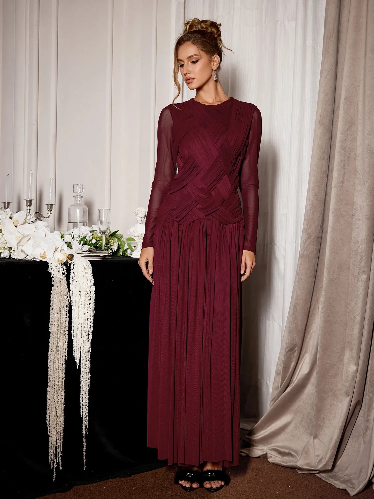 Burgundy Mesh Knit Elegant Midi Dress