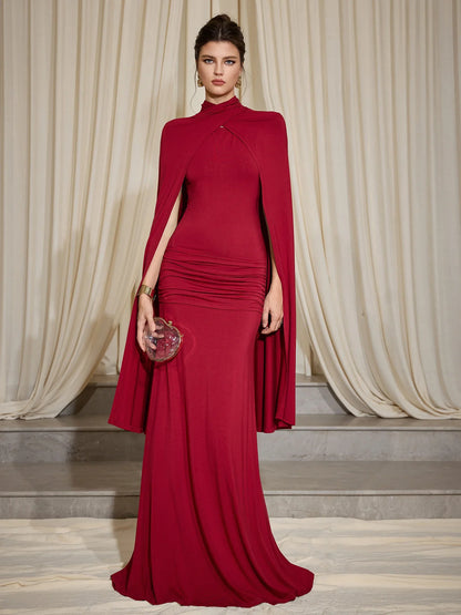 Red Pleated Cape Sleeve Maxi Evening Dress