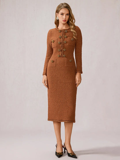 Cinnamon Round Neck Elegant Office Midi Dress