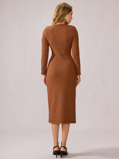 Cinnamon Round Neck Elegant Office Midi Dress