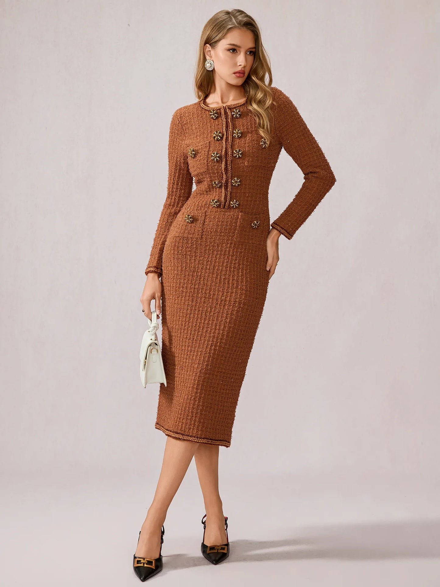 Cinnamon Round Neck Elegant Office Midi Dress