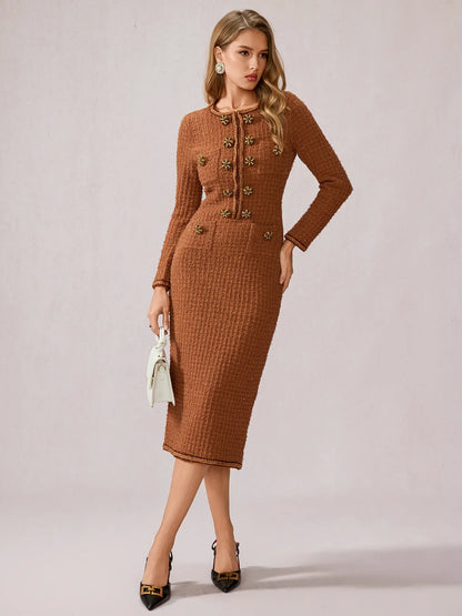 Cinnamon Round Neck Elegant Office Midi Dress