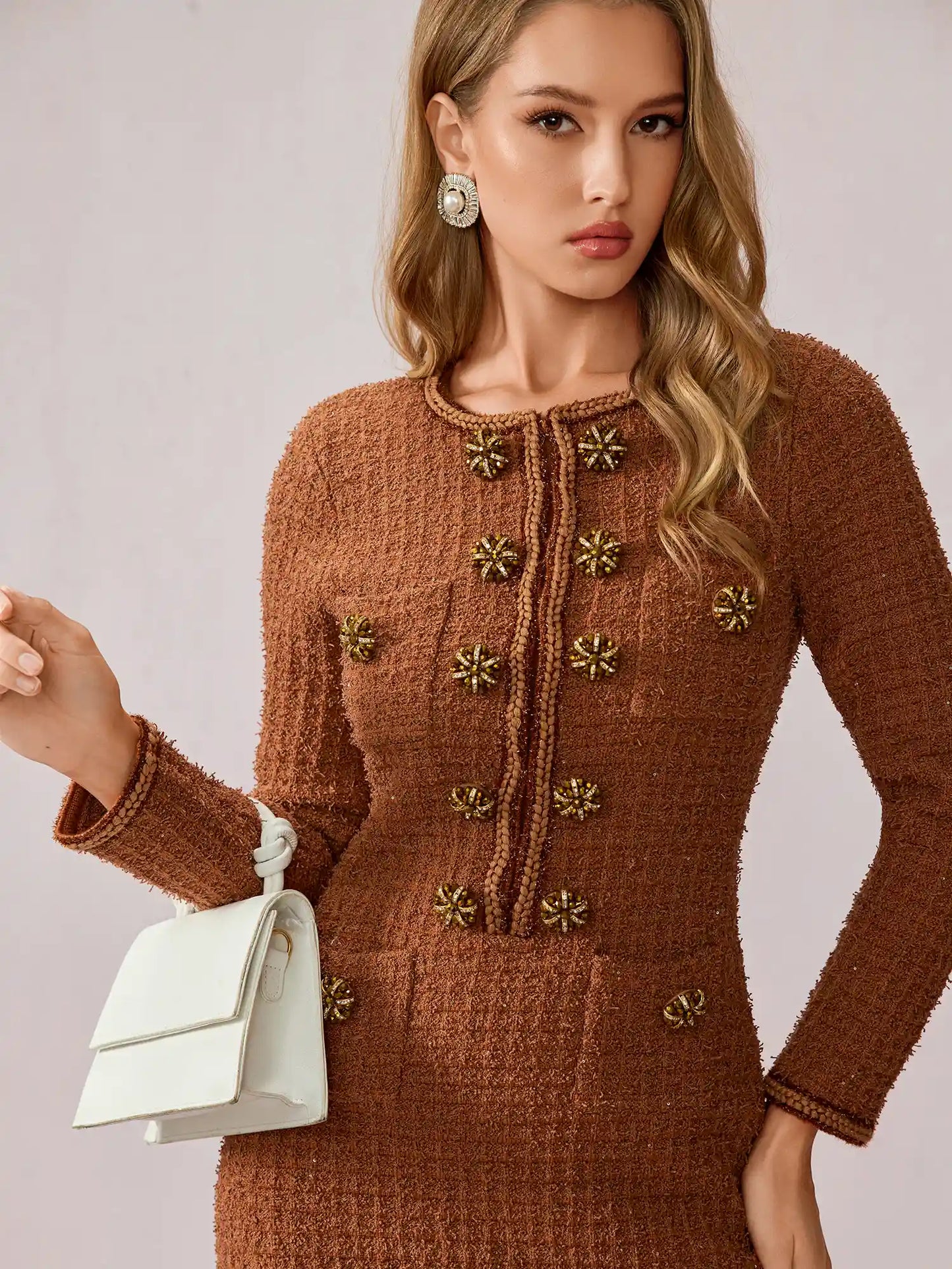 Cinnamon Round Neck Elegant Office Midi Dress