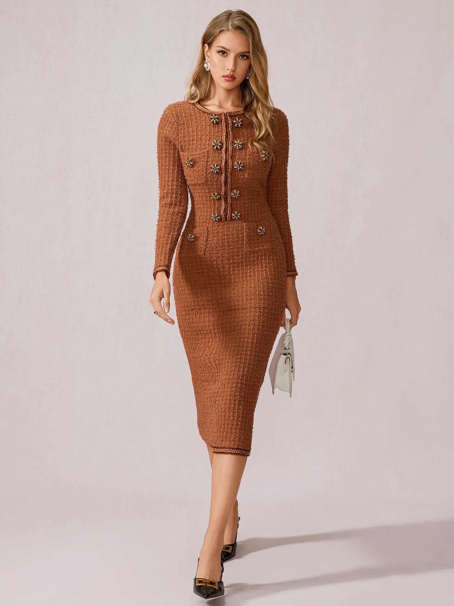 Cinnamon Round Neck Elegant Office Midi Dress