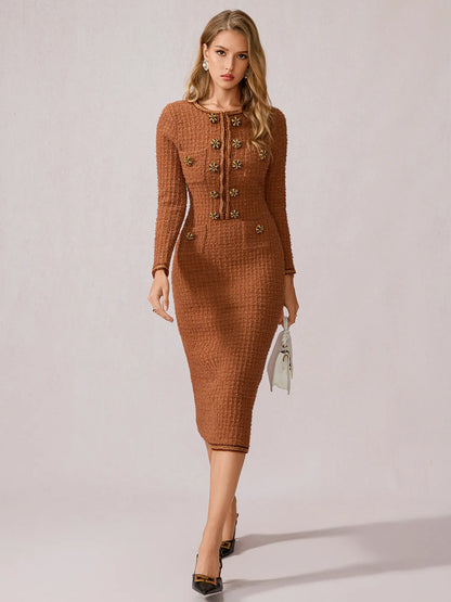Cinnamon Round Neck Elegant Office Midi Dress