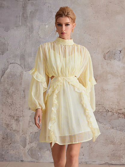 Court-Style Flutter-Trim Open-Midriff Mini Dress