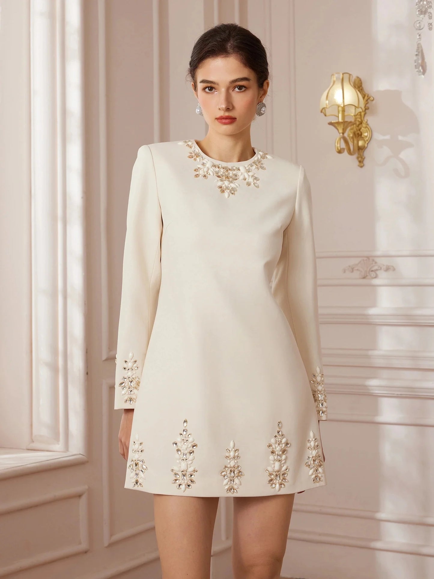 Crystal-Sewn Long-Sleeve Cocktail Mini Dress